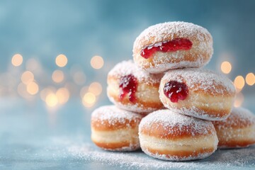 traditional Hanukkah sufganiyot covered in powdered sugar and filled with fruit jelly beside menorah and festive ornaments on blue background
