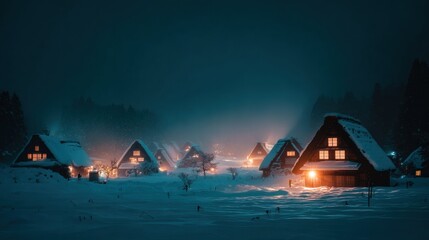Traditional snowy village shining with Christmas charm and winter celebration.