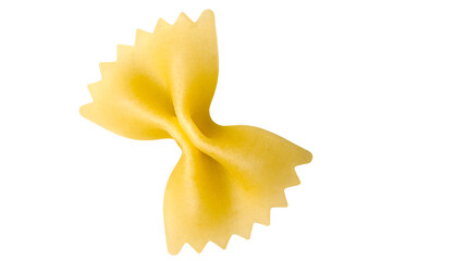 Single uncooked farfalle pasta piece showing detailed texture and classic bow-tie shape for food design and cooking concepts, isolated on transparent background, PNG