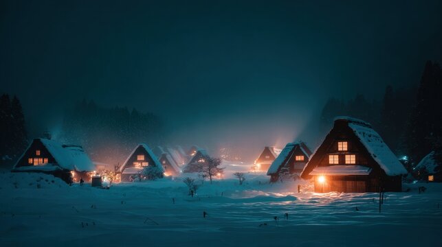 Traditional snowy village shining with Christmas charm and winter celebration.