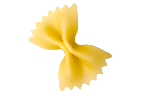 Single uncooked farfalle pasta piece showing detailed texture and classic bow-tie shape for food design and cooking concepts, isolated on transparent background, PNG