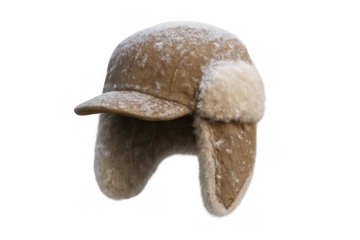 Warm winter trapper hat covered in snow, protecting head in cold weather, on transparent background