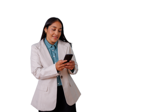Professional woman smiling using phone for business communication and networking on a transparent background