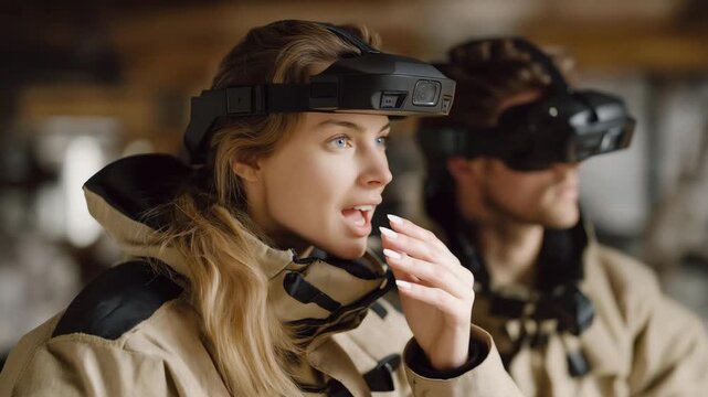 Virtual reality firefighter training for 911 emergency simulation scenarios &mdash; trainees wearing VR headsets practicing high-rise fire rescues in hyper-realistic simulated environments. cinematic