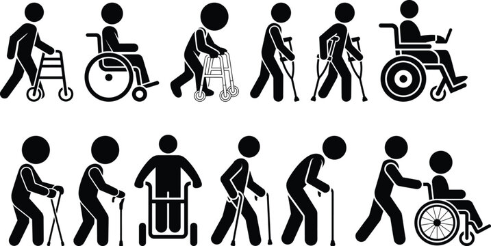 People with disabilities using various mobility aid icons set