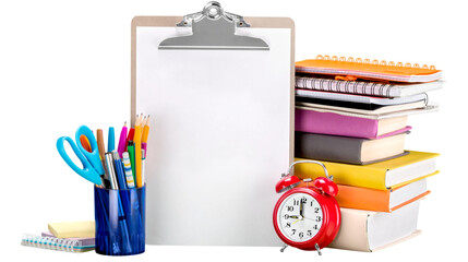 Collection of colorful school and office supplies including clipboard, books, alarm clock, scissors, pens, and stationery items, isolated on transparent background, PNG