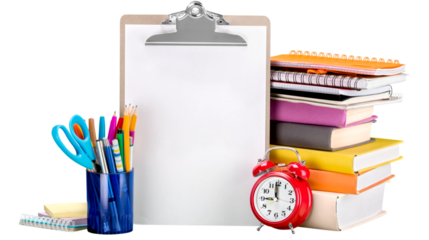 Collection of colorful school and office supplies including clipboard, books, alarm clock, scissors, pens, and stationery items, isolated on transparent background, PNG