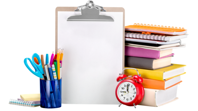 Collection of colorful school and office supplies including clipboard, books, alarm clock, scissors, pens, and stationery items, isolated on transparent background, PNG