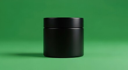 Sleek matte black jar with lid on vibrant green background for product display
