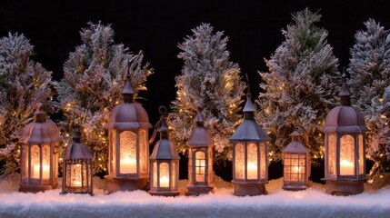 Fototapeta premium Peaceful night view of Christmas village with lights snow and warm glow inside.