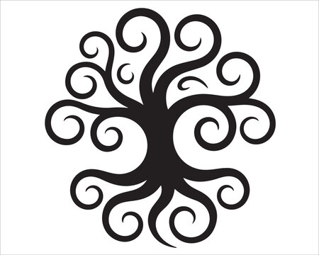 Decorative abstract tree design with swirling branches isolated on white background, elegant vector illustration representing nature, growth, creativity, and organic life symbolism