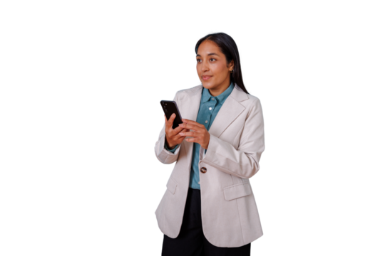 Confident businesswoman holding mobile phone, texting or browsing, connecting, working remotely. Transparent background - Powered by Adobe
