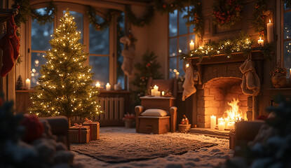 Cozy Candle Christmas Room with Stockings, Garlands, and Glowing Tree by Fireplace — Rustic Holiday Interior