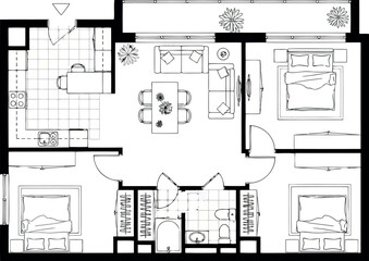 Blueprint of a twobedroom apartment floor plan with living area and kitchen