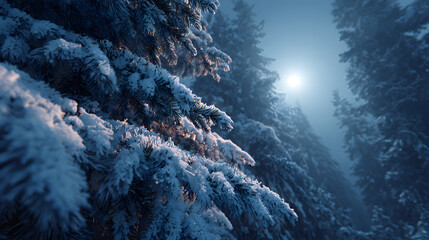 winter night landscape. snowy forest and fir branches.