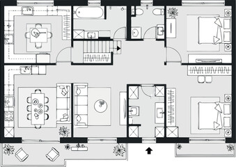Modern apartment floor plan with living area, dining, kitchen, and bedrooms