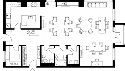 Openplan living space floor plan with kitchen, dining area, and lounge