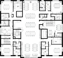 Modern office floor plan with meeting rooms, individual workspaces, and communal areas, designed for collaboration