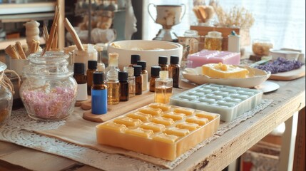 An Aesthetic Display of Handcrafted Soaps, Natural Ingredients, and Aromatic Essential Oils in a Cozy Artisan Workshop Setting