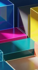 Vibrant geometric shapes with glowing neon edges create a modern abstract background.