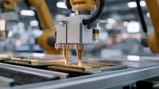 Automated production line with synchronized robotic arms placing resistors and capacitors on microboards, emotion of achievement and technological mastery visible, symbolizing Industry 4.0