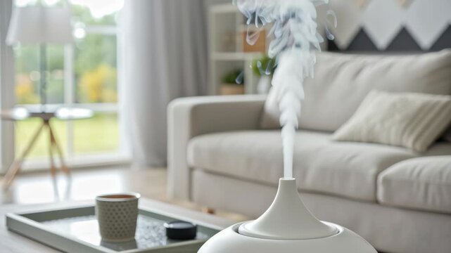 Aromatherapy interior styling. Modern Living Room Cozy Atmosphere with Aroma Diffuser on Wooden Coffee Table Enhancing Serene Ambiance