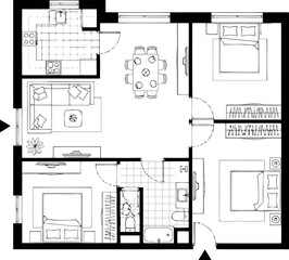 Blueprint of a cozy twobedroom apartment layout with living room and kitchen