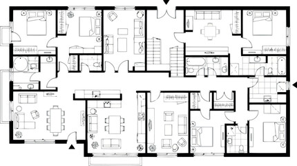 Detailed floor plan of a large residential house with multiple bedrooms and living areas
