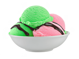 Green and pink ice cream scoops with chocolate syrup in white bowl, isolated on transparency background, sweet dessert, refreshing and delicious treat, perfect for summer enjoyment