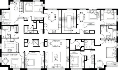 Architectural floor plan of a multiroom apartment with detailed layout and room divisions