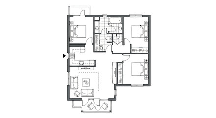 Architectural floor plan for a spacious family apartment with multiple bedrooms, living area, and kitchen