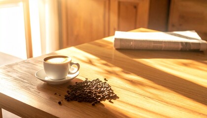 Coffee cup, beans, book on wooden table. Ideal for coffee shops, cafes, reading nooks, bookstores, and cozy lifestyle blogs.