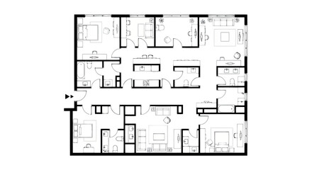 Floor plan of a large apartment with multiple bedrooms and living spaces