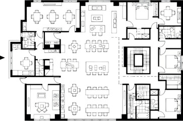 Architectural floor plan of a spacious apartment or office with multiple rooms and seating areas