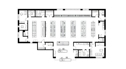 Architectural floor plan of a commercial space, possibly a retail store or supermarket © SampaRani