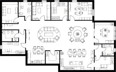Architectural floor plan of a large house with multiple rooms, furniture, and layout details
