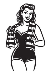 Obraz premium Smiling caucasian female with retro hairstyle holding striped towel, wearing vintage one-piece swimsuit in black and white illustration.