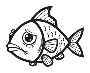 Fototapeta premium Black outline illustration of a cartoon fish with a sad expression, featuring detailed fins, scales, and big eyes on a white background.