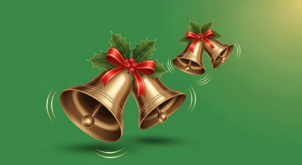 Golden Christmas bells with holly and red ribbon announce festive cheer and holiday celebrations