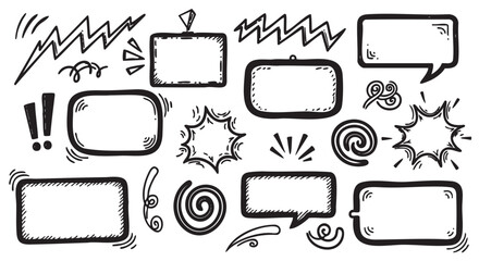 Diverse set of hand-drawn speech and thought bubbles with varying shapes, including rectangular, circular, and starburst designs, each with unique line details.