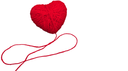 Red yarn crafted into a heart-shaped ball with extended thread symbolizing love, creativity, and handmade craft concepts, isolated on transparent background, PNG.