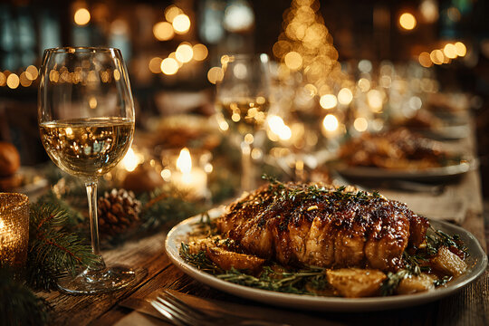 Festive dinner table with roasted turkey, candles, and wine glasses set for a holiday celebration
