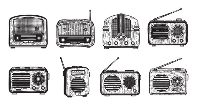 Eight vintage radios with wood textures and various designs, including antennas and dials, arranged in two rows on a white background.