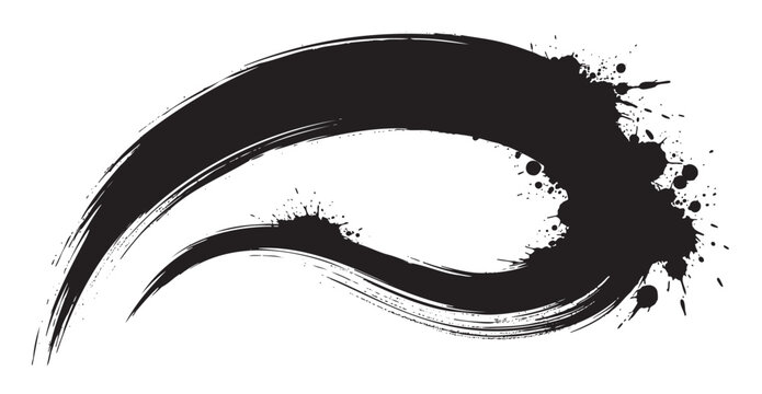 Bold black brushstroke with dynamic splatters creating an abstract curve on a white background.