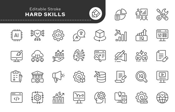 Hard skills line icon set. Computer skill, programming, graphic design, data mining, foreign language, writting, animation, video editing and more. Outline icon in linear style. Vector collection.