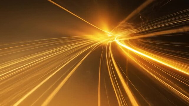 Dynamic golden light trails swirl through abstract tunnel creating sense of speed and innovation for futuristic projects