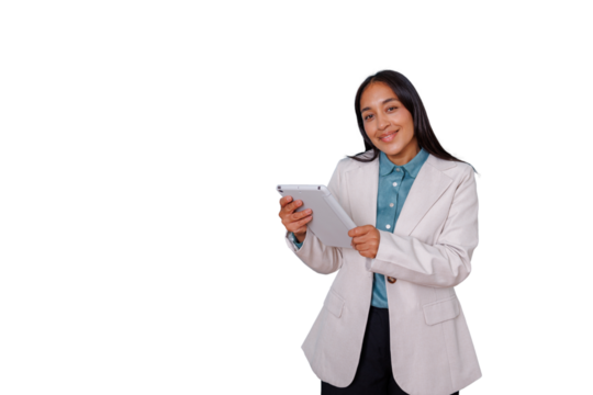 Professional businesswoman holding tablet while smiling, representing technology, communication, and digital work with transparent background - Powered by Adobe