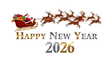 New year 2026 with santa claus and reindeer isolated on transparent background