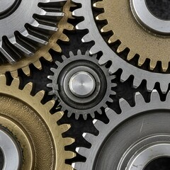 Mechanical macro photo of interlocking brass and steel industrial gears on a dark background