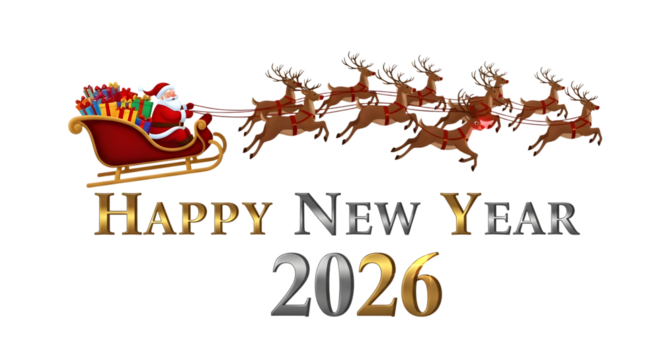 New year 2026 with santa claus and reindeer isolated on transparent background
